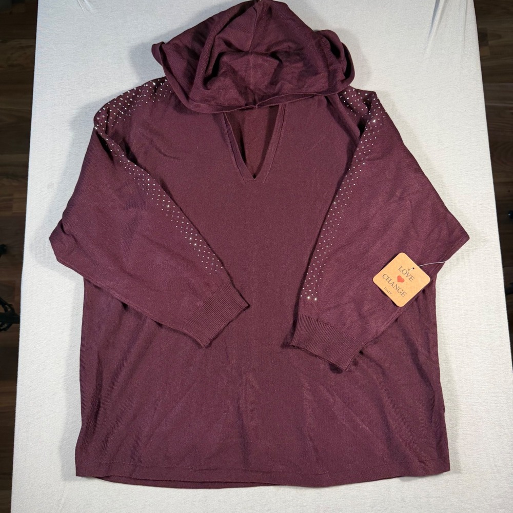 NEW Love Change Italy Womens 1X Burgundy Rhinestone Hooded V-Neck Sweater